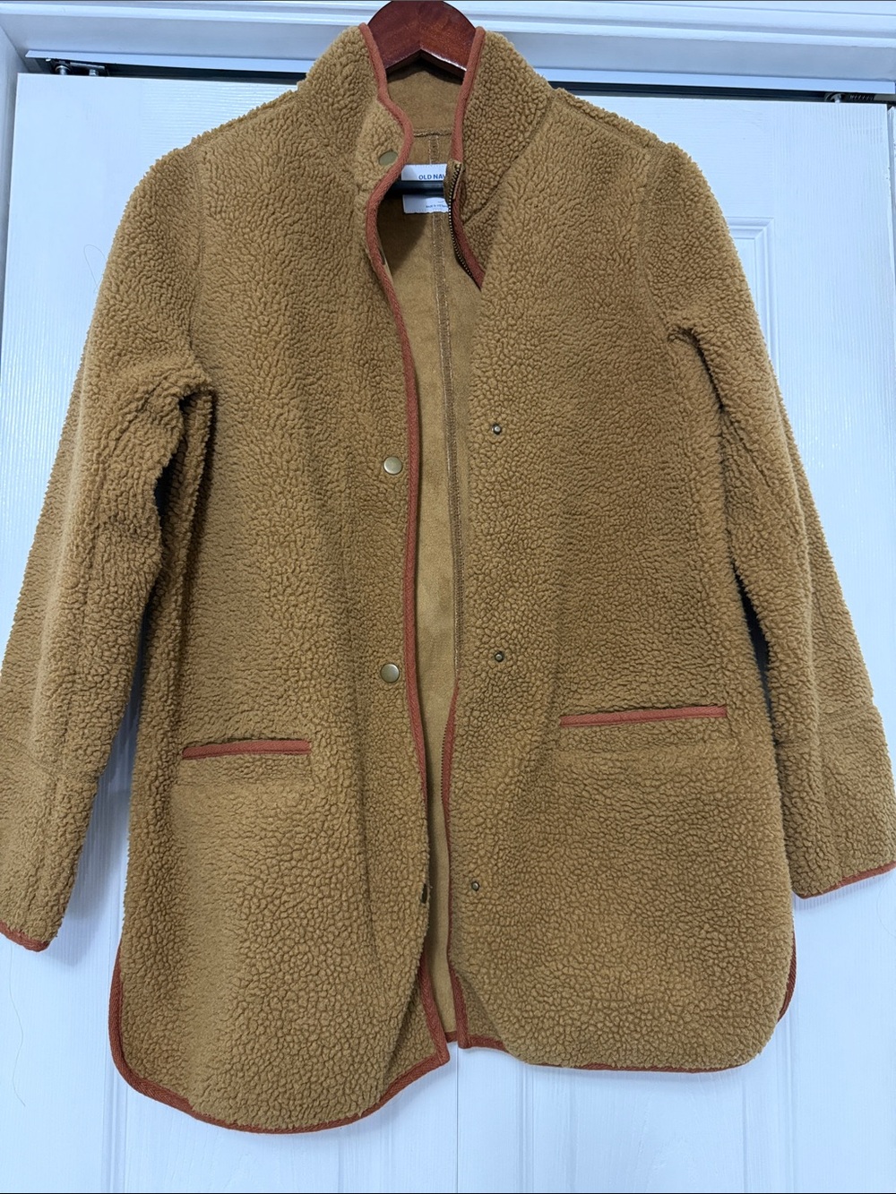 Old Navy Women’s Camel Teddy Jacket with Rust Trim